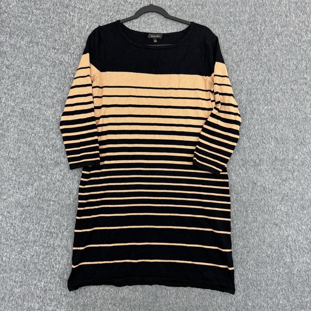 Spense Women's L Black Tan Striped Knit Sweater Dress 3/4 Sleeve Midi